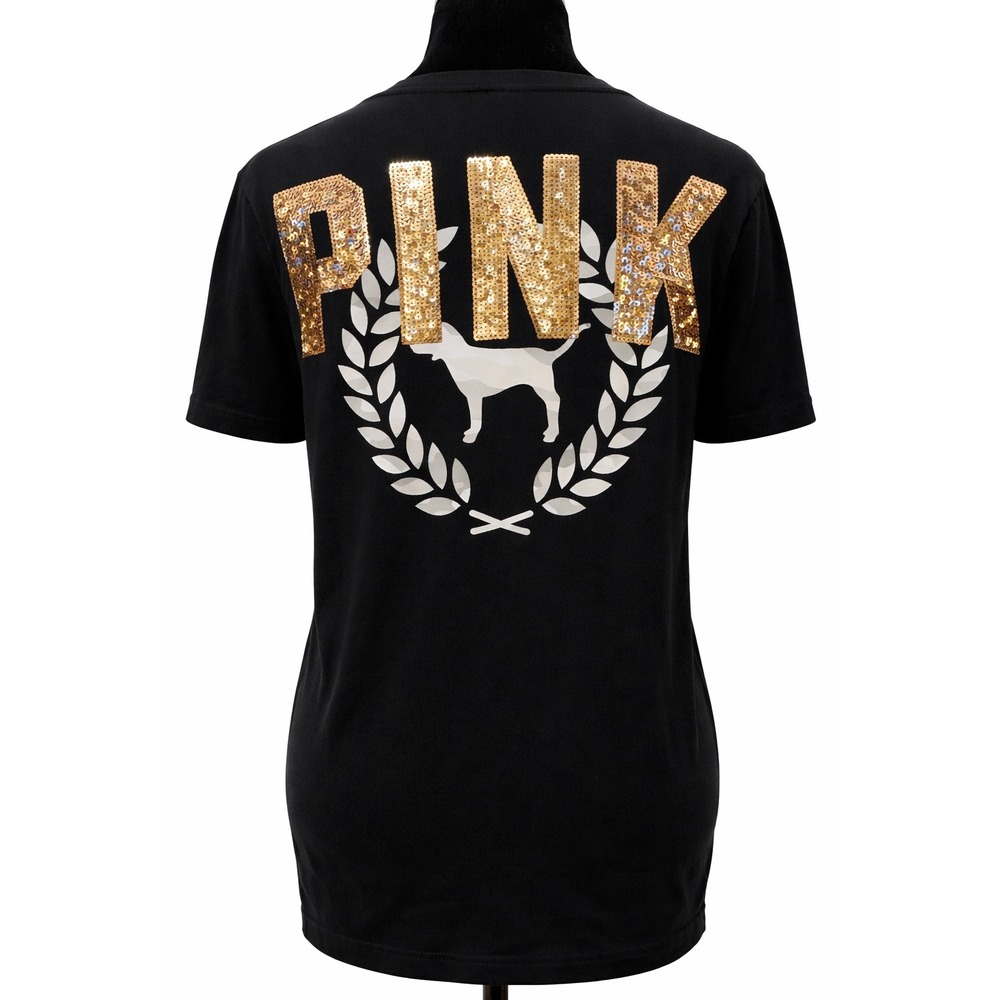 PINK Victoria's Secret Womens Sequin Dog In Laurel Wreath T-Shirt Large Black